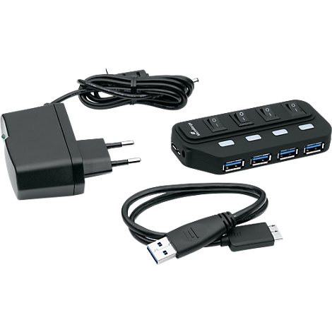 Black USB hub with power supply and cables. The hub has four USB ports, four switches, and white LEDs.