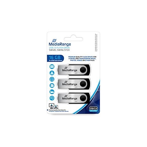 Drei USB-Sticks auf einer Produktverpackung. Aufgedruckt sind Informationen zu SpeicherkapazitÃ¤t, Marke und Produktmerkmalen.