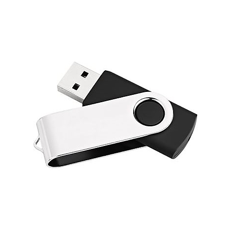 Schwarzer USB-Stick mit drehbarem silbernem Metallbügel vor weißem Hintergrund.