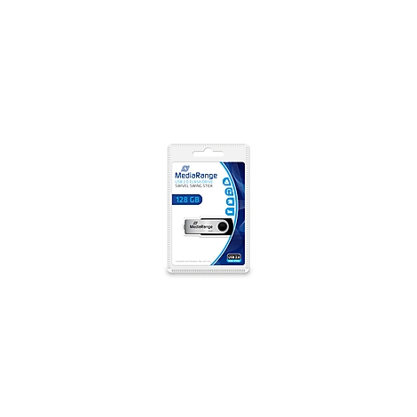 USB-Stick in Verpackung. Silberner Stick, Markenlogo, 128 GB. Aufschrift: MediaRange, USB 2.0 Flash Drive, Swivel Swing Stick.
