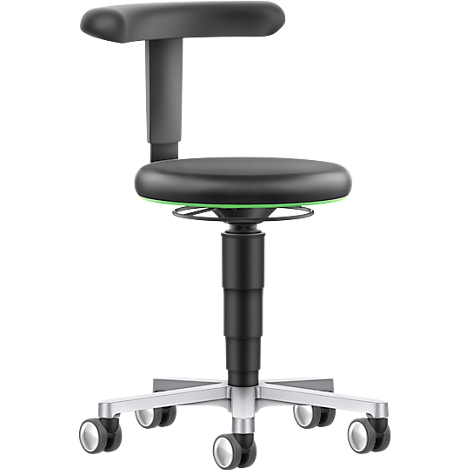A black office chair with casters, backrest, and green contour.