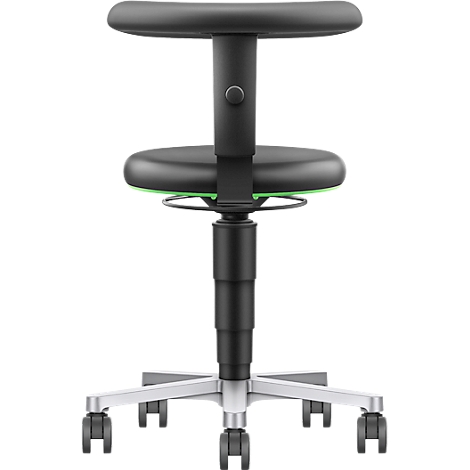 Back view of a black office chair. Seat and backrest are black, frame silver with castors. The chair is height adjustable.