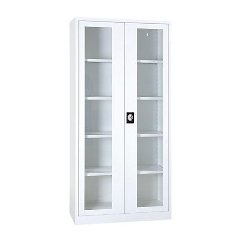 White filing cabinet with glass doors and shelves.