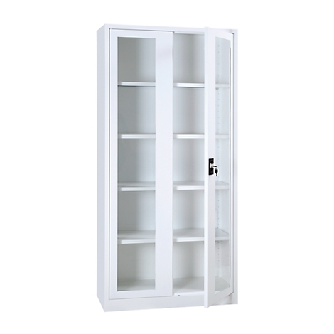 White cabinet with glass front, open door. Multiple shelves, black handle.