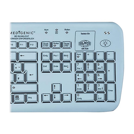 Helle, hellblaue Tastatur mit vielen Tasten. Auf der Tastatur steht MEDIGENIC. Verschiedene Funktionen sind beschriftet.