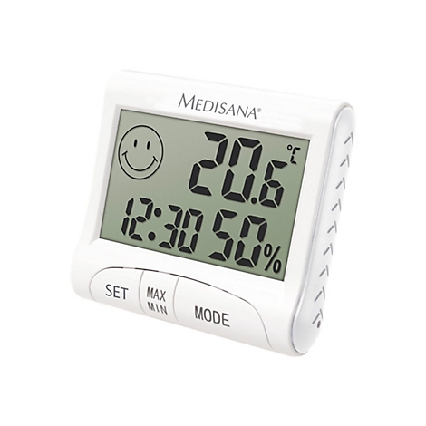 Weißes, digitales Medisana-Thermometer mit Display für Temperatur, Zeit und Luftfeuchtigkeit, sowie Smiley-Icon.