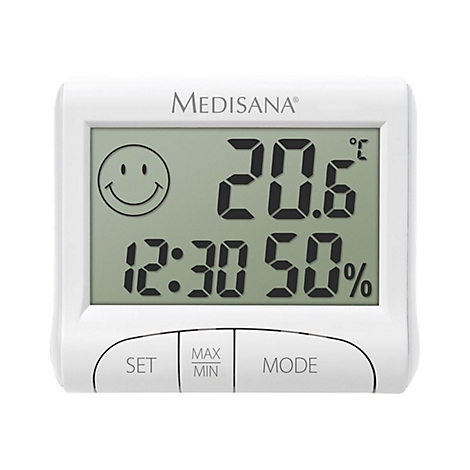 Digitales Medisana Thermometer und Hygrometer mit Anzeige von Temperatur, Uhrzeit und Feuchtigkeit.