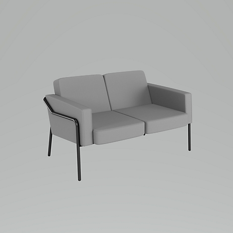 Hellgraues Sofa mit schwarzen Metallbeinen, vor hellem Hintergrund.