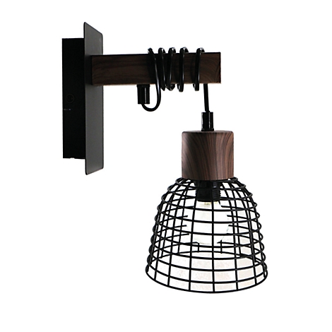 Applique murale avec grille en métal noir, bois et cadre foncé. Comprend une ampoule.