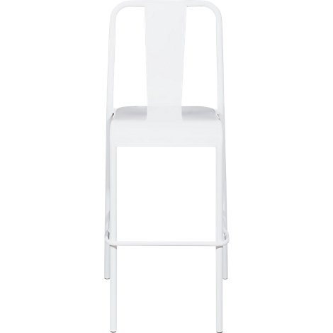 Witte barkruk, minimalistisch ontwerp, metalen structuur, hoge rugleuning.
