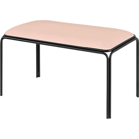 Un tabouret rectangulaire avec une assise rose et des pieds en métal noir.