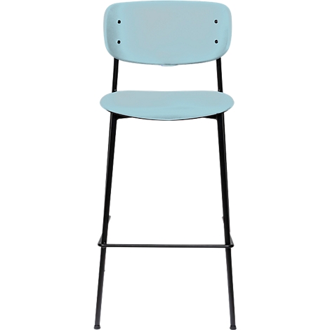 Light blue bar stool with black frame, front view.