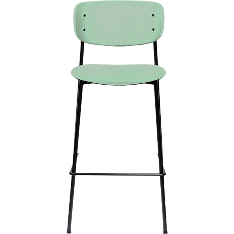Light green bar stool with black frame. Seat and backrest are light green, legs are black.