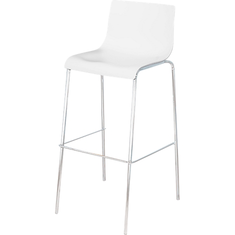 Weisser Barhocker mit gebogener Sitzfläche und schlanken Metallbeinen. Der Hocker steht vor neutralem Hintergrund.
