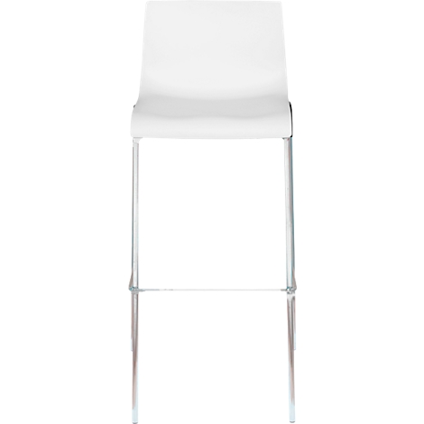 Ein weisser Barhocker mit transparenten Beinen und Rückenlehne, Ansicht von vorne.