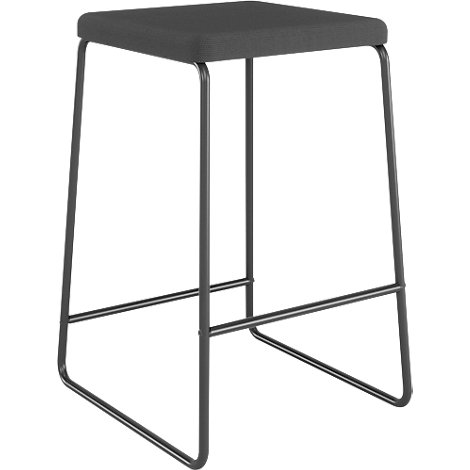 Ein minimalistischer Barhocker mit dunklem Metallgestell und einer quadratischen, dunkelgrauen Sitzfläche.