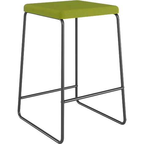 Moderner Barhocker mit olivgrüner, quadratischer Sitzfläche auf einem schwarzen Metallgestell.