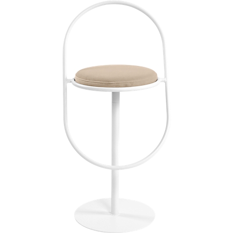 Weisser Design-Hocker mit hellem Sitz. Halbkreisförmiger Rahmen, der den Rücken andeutet.