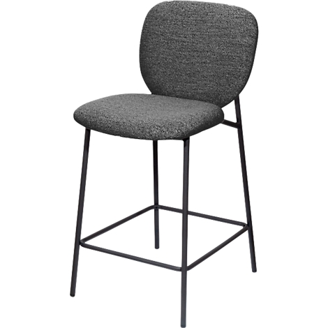 Grauer Barhocker mit Sitzfläche und Rückenlehne aus Stoff, schwarzes Metallgestell.
