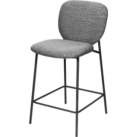 Grauer Barhocker mit Stoffbezug und Metallbeinen. Rücklehne und Sitzfläche sind ebenfalls grau.