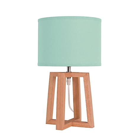Tischlampe mit türkisfarbenem Lampenschirm und Holzfuß.