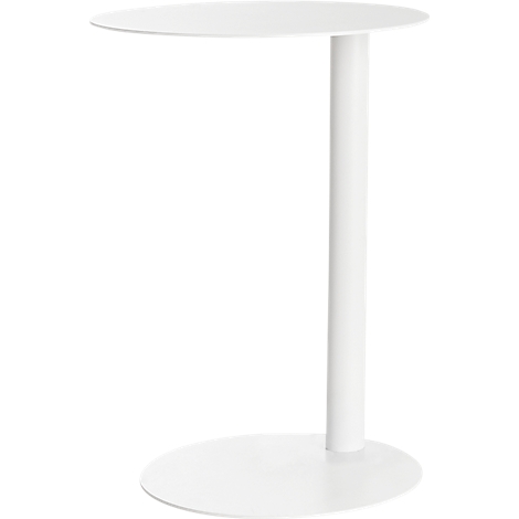 Een witte bijzettafel met een rond tafelblad, een centrale stam en een ronde voet. De achtergrond is wit.