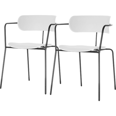 Twee moderne stoelen, witte zittingen en rugleuningen, zwart metalen frame, armleuningen.
