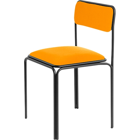 Chair with orange seat and back, black metal frame.