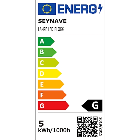 Energielabel mit Buchstaben A bis G, G ist rot. Oben steht ENERG. SEYNAVE LAMPE LED BLOGG. 5 kWh/1000h, QR-Code.