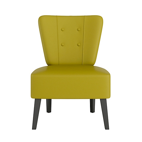 Gele fauteuil met grijze poten, op een witte achtergrond. De rugleuning is versierd met knopen.
