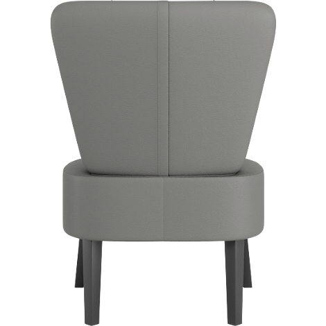 Grijze fauteuil, achteraanzicht. Hoge rugleuning, korte poten. Een verticale naad in het midden van de rugleuning.