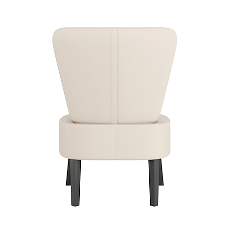 Crèmekleurige fauteuil, van achteren gezien. Rechthoekige zitting, halfronde rugleuning, zwarte poten.