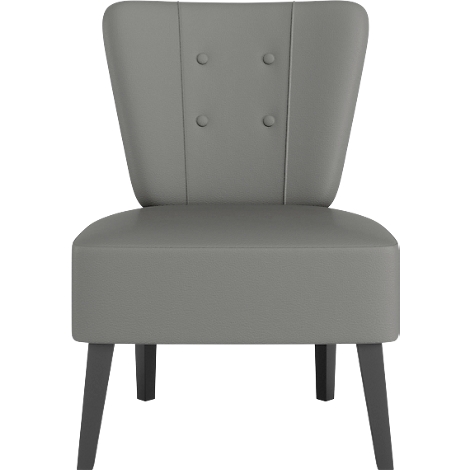 Grijze cocktailstoel, vier donkere houten poten, hoge rug met knoopdetails.