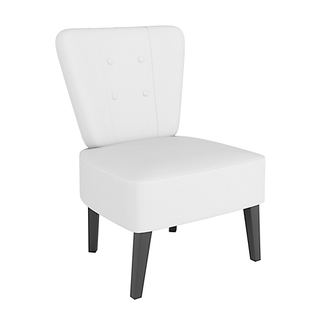 Witte stoel met grijze poten. De rugleuning is versierd met knoppen.