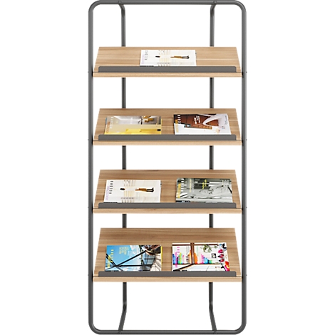 Grijze boekenkast met houten planken, gevuld met tijdschriften en boeken.