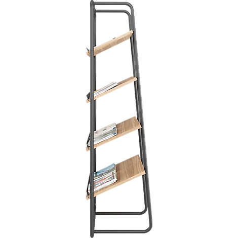 Grijs ladderrek met lichtbruine planken. Tijdschriften en boeken liggen op de planken.