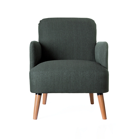 Green armchair with wooden legs, against a white background.