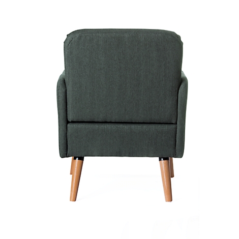 Back view of a grey armchair with wooden legs.
