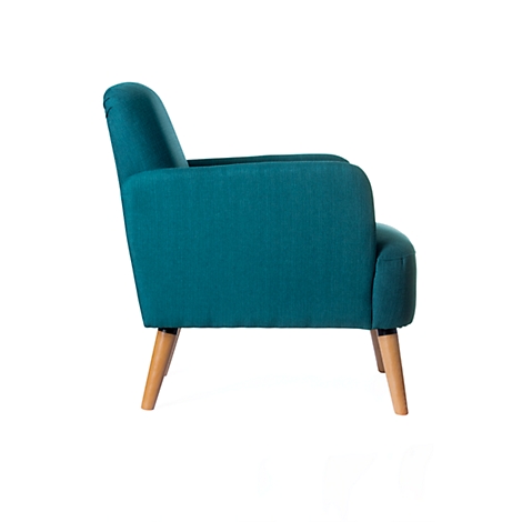 Teal armchair with wooden legs, side view.