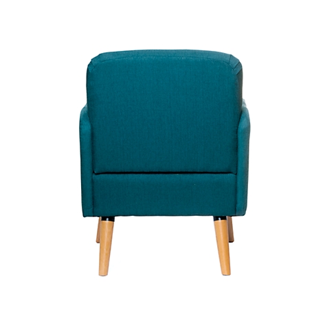 A teal armchair, viewed from the back. It has wooden legs and a padded back.