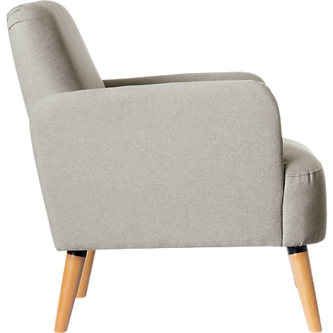 Side view of a light gray armchair with wooden legs.