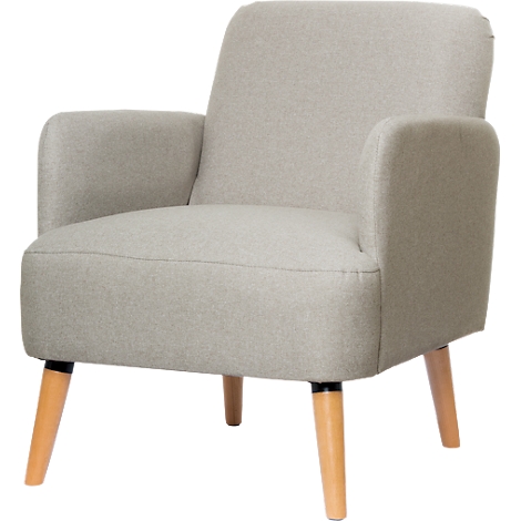 Light grey armchair with wooden legs. Upholstered, with armrests and backrest.