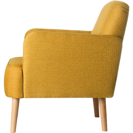 Yellow armchair in profile. Light yellow fabric cover, wooden legs. Cozy design.