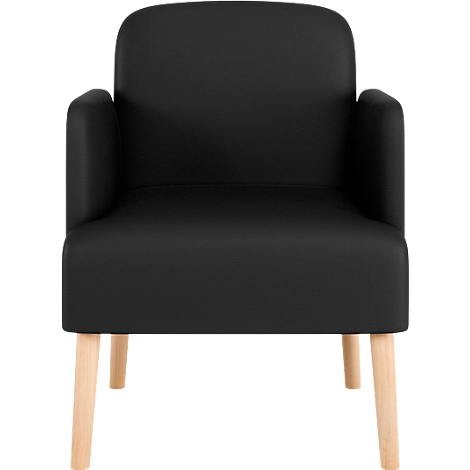 Zwarte fauteuil met lichte houten poten.