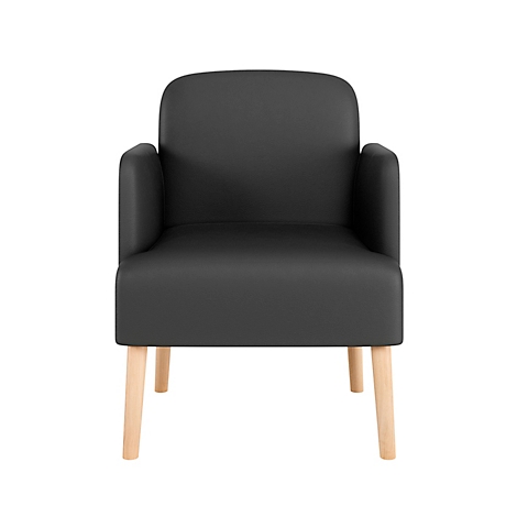 Zwarte fauteuil met licht houten poten, geïsoleerd op witte achtergrond.