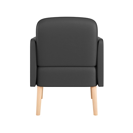 Donkergrijze fauteuil met een licht houten frame. De fauteuil is van achteren gefotografeerd.