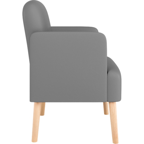 Grijze fauteuil met lichte houten poten, zijaanzicht.