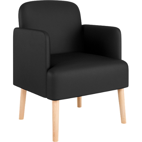 Zwarte fauteuil met licht houten poten. Armleuningen en rugleuning zijn afgerond.