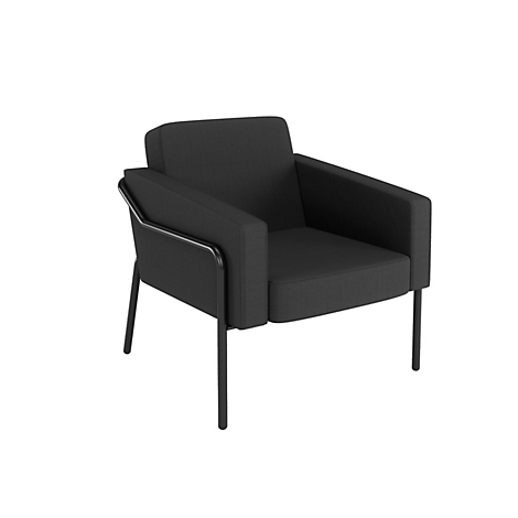 Zwarte fauteuil met metalen frame en rechte poten.