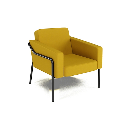 Gele fauteuil met zwart frame, tegen een witte achtergrond.